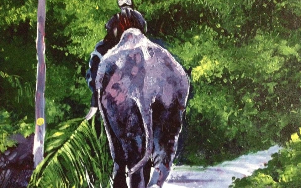 Elephant to the Jungle – Knife work on canvas.  Acrylic paint.  21″X25″